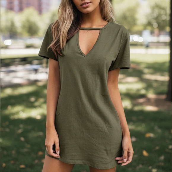 NEW•M-XL•Olive Choker V-Neck Soft Mini Dress/Tee - Picture 5 of 7